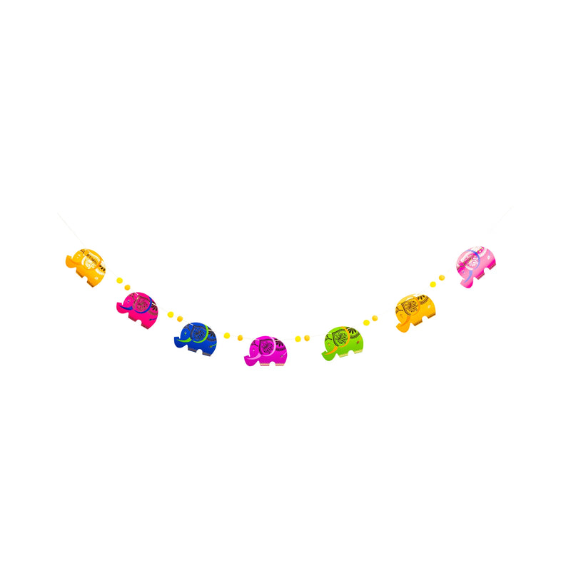 Full 5-ft elephant banner on twine with yellow pom-poms—Diwali party supplies.