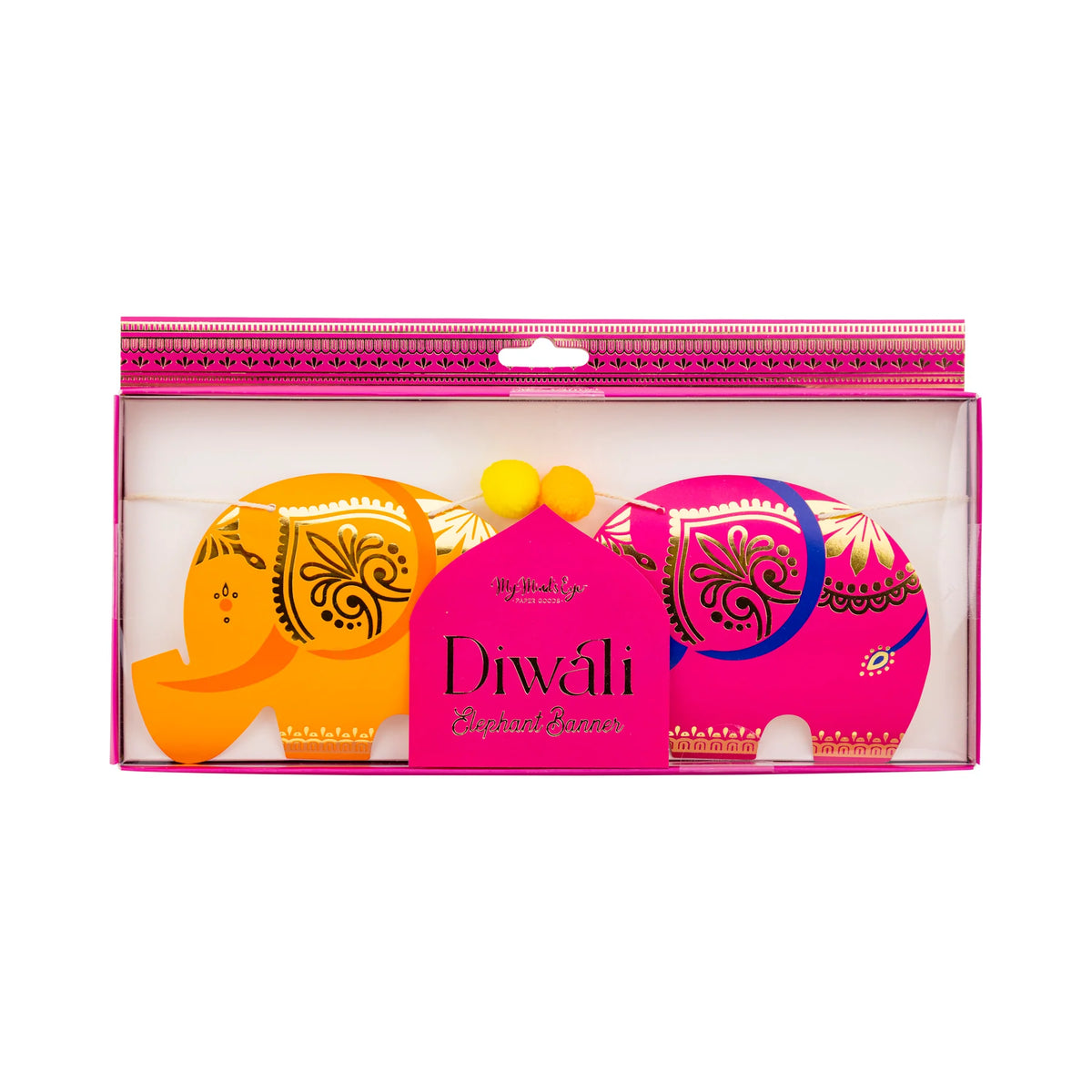 Front view of Diwali Elephant Banner—colorful elephants with gold foil, ready to hang.
