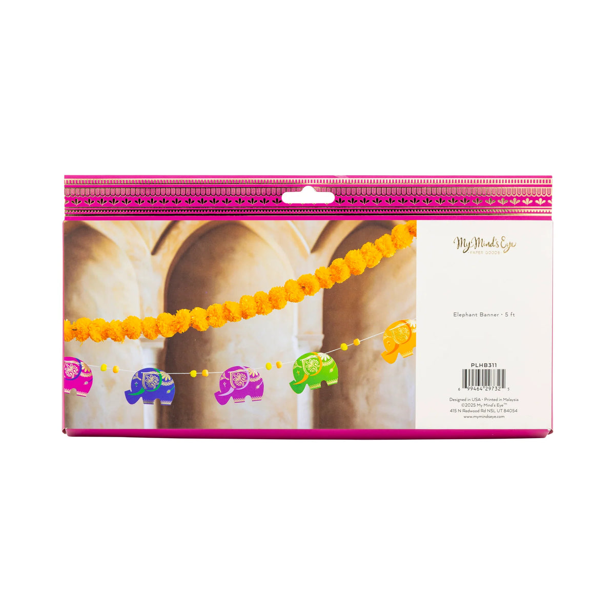 Packaged Diwali elephant banner with yellow pom-poms shown hanging for Diwali party decorations