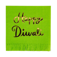 Green fringed Diwali napkin with gold-foil ‘Happy Diwali.’