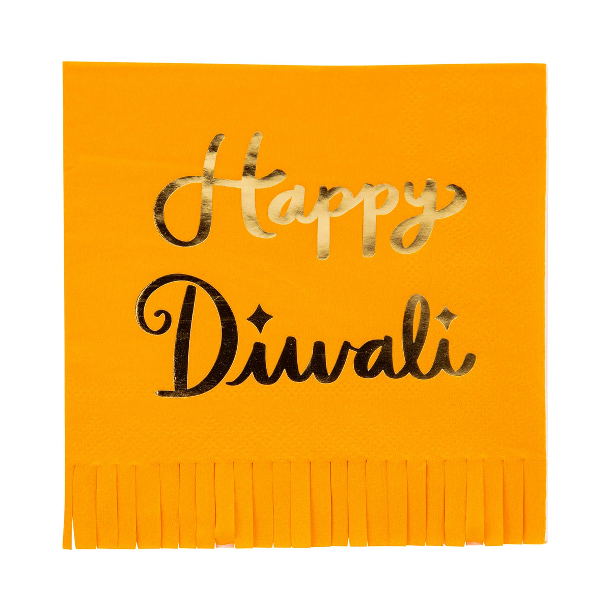 Orange fringed Diwali napkin with shiny gold-foil message.