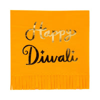 Orange fringed Diwali napkin with shiny gold-foil message.