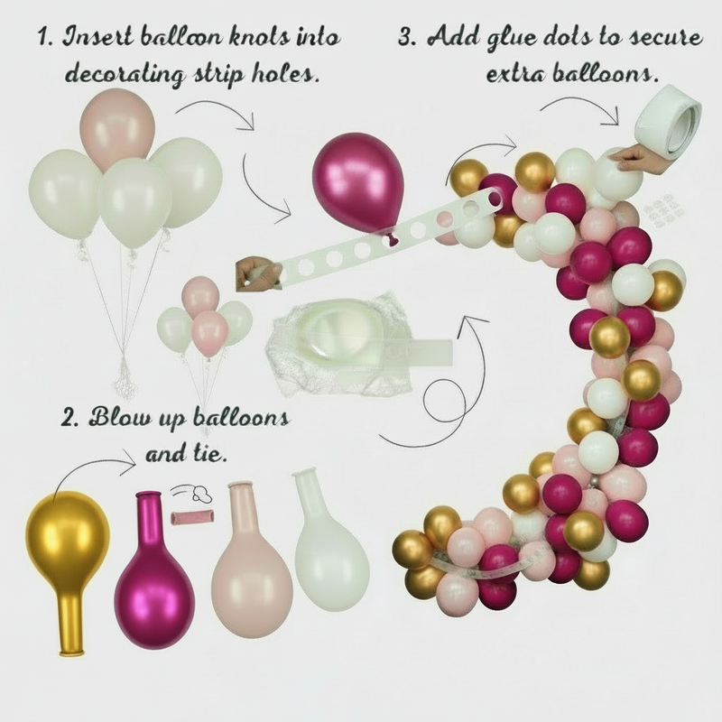 Instructional diagram showing how to assemble the DIY balloon garland kit