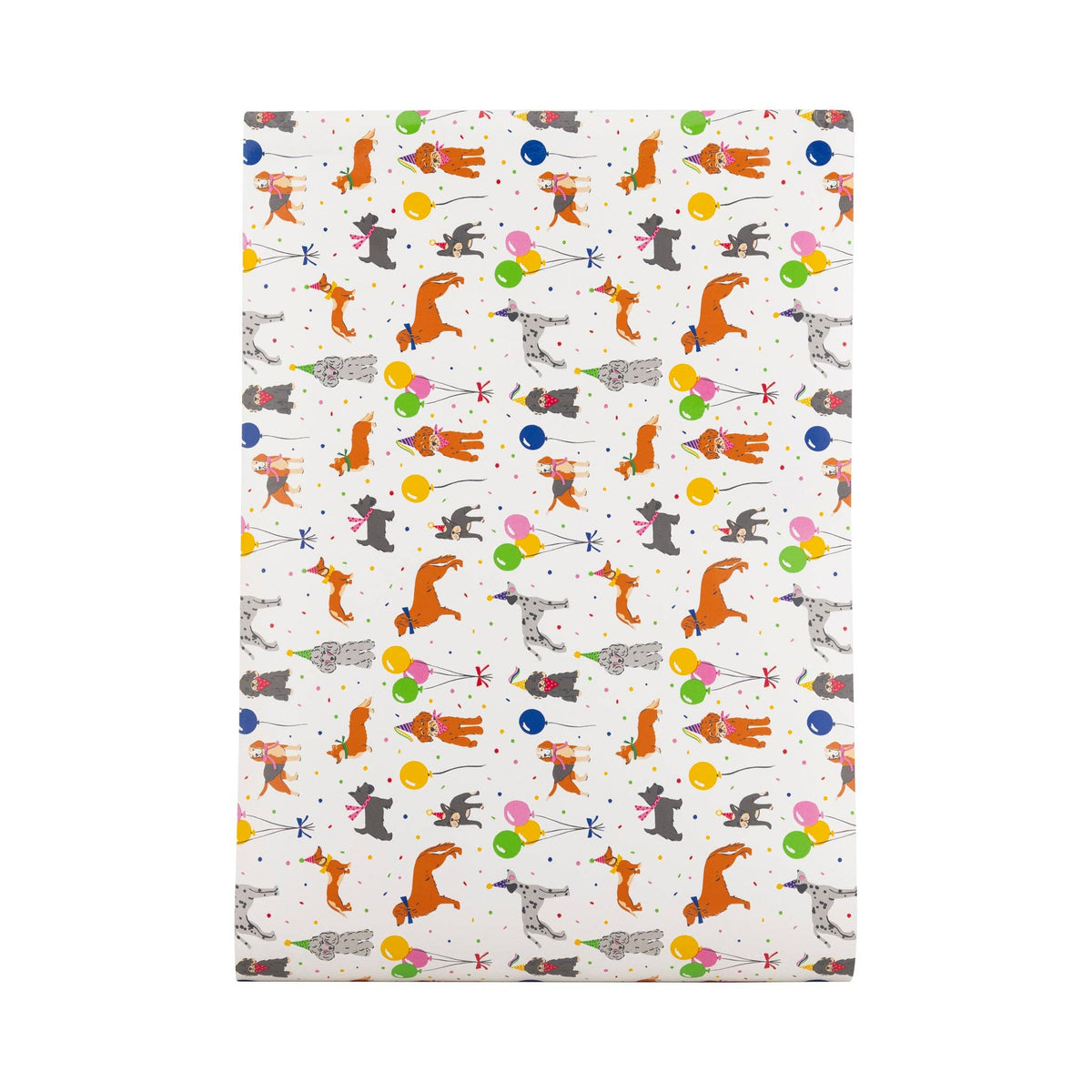 Dog Party Table Runner with colorful dog illustrations and balloons