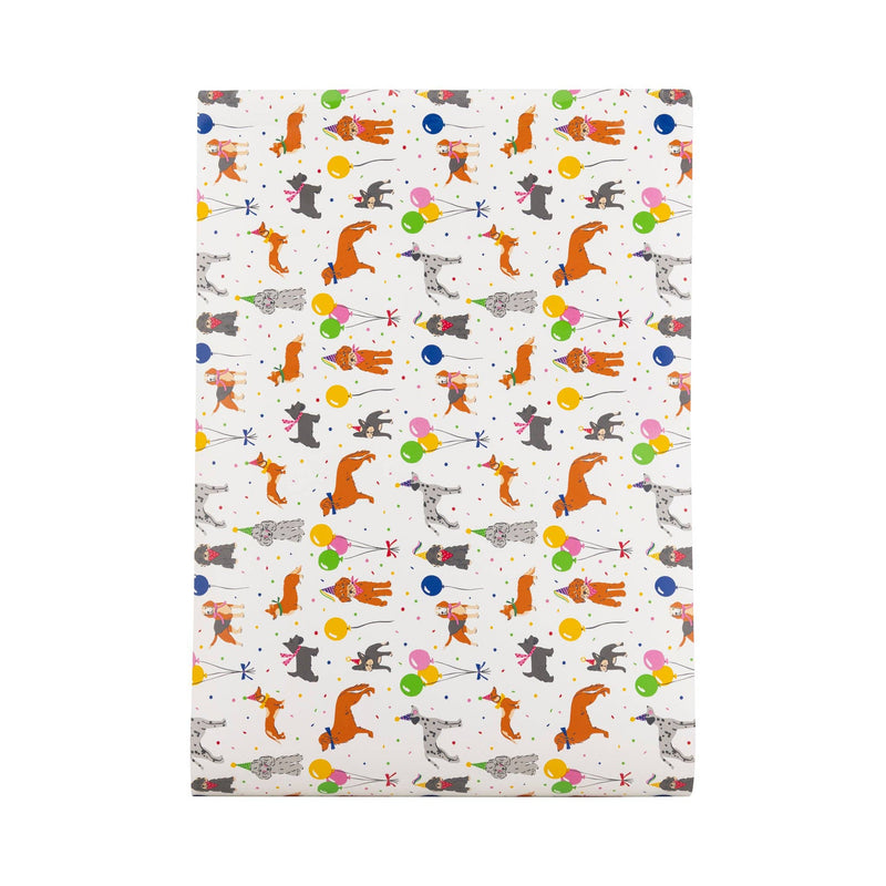 Dog Party Table Runner with colorful dog illustrations and balloons