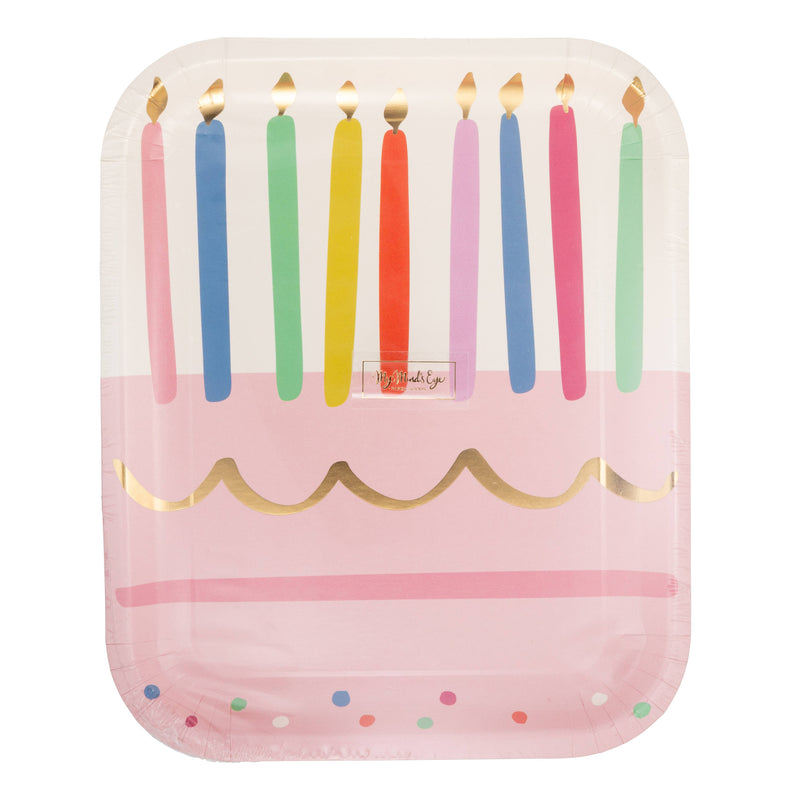 A stack of 8 Cake and Candles paper plates in clear packaging, featuring a Modern Retro design for a birthday party.
