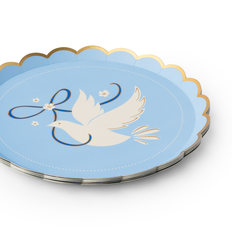 Stack of blue dove small plates with gold scalloped rim