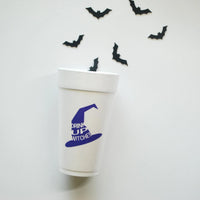 Single 20oz ‘Drink Up Witches’ foam cup with purple witch-hat graphic and flying bat décor—recyclable, BPA-free Halloween cup.