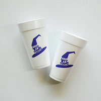 Two ‘Drink Up Witches’ 20oz foam cups with purple witch-hat graphic, double-sided design—set of 10 Halloween party cups.