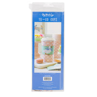 The back of a My Mind's Eye retail package for 8 pastel duck to-go cups showing the 16 oz capacity and contents including cups, lids, and sleeves.