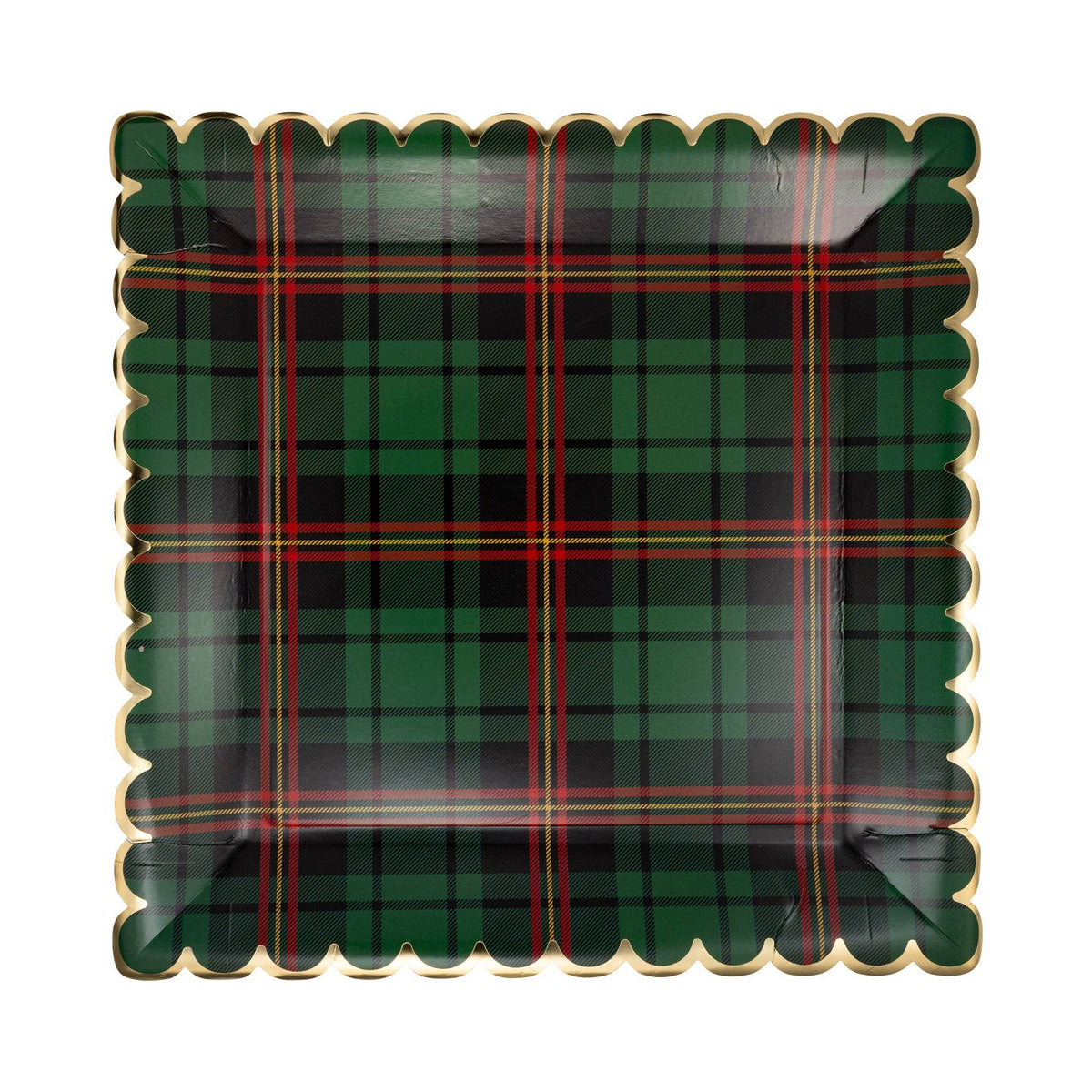 Green plaid square scalloped plate with gold foil edge, front view