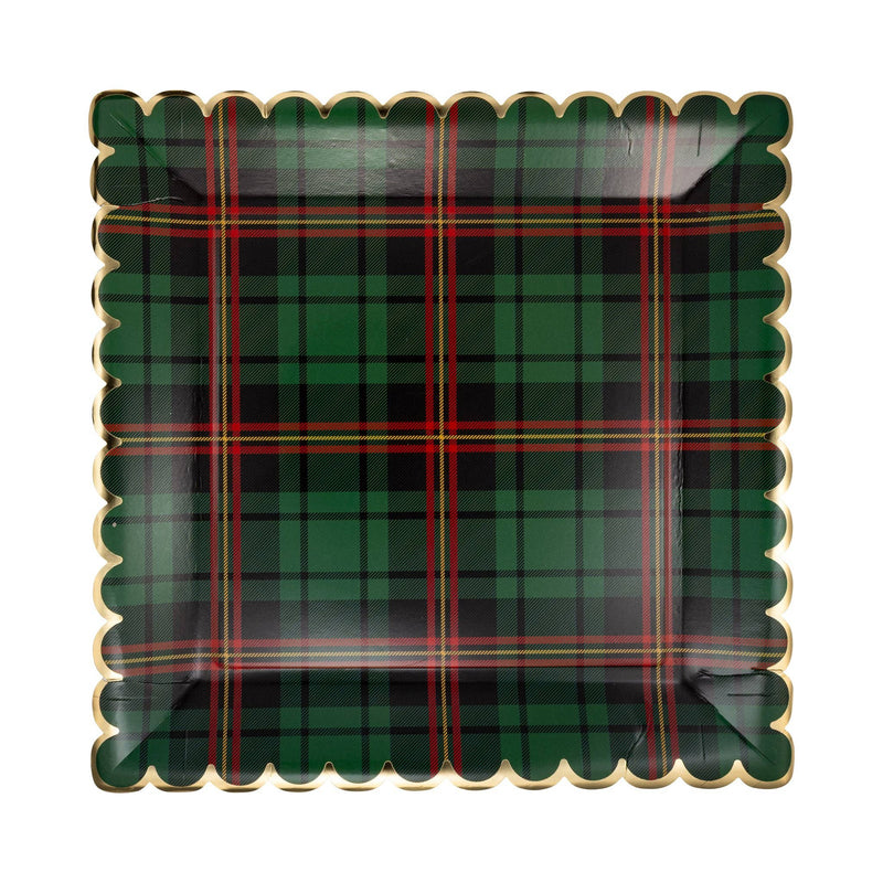 Green plaid square scalloped plate with gold foil edge, front view