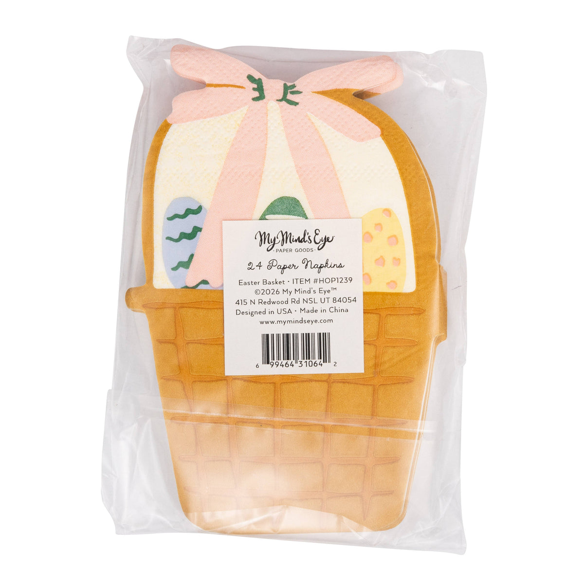 Back packaging of Easter basket napkins showing product details and quantity