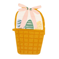 Shaped Easter basket napkin with pastel eggs and pink bow on white background