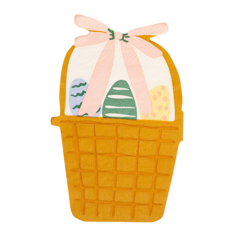 Shaped Easter basket napkin with pastel eggs and pink bow on white background
