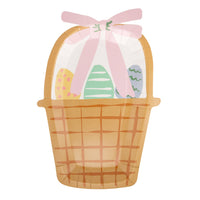 Easter basket shaped paper plate with pastel eggs and pink bow design