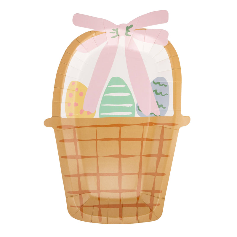 Easter basket shaped paper plate with pastel eggs and pink bow design