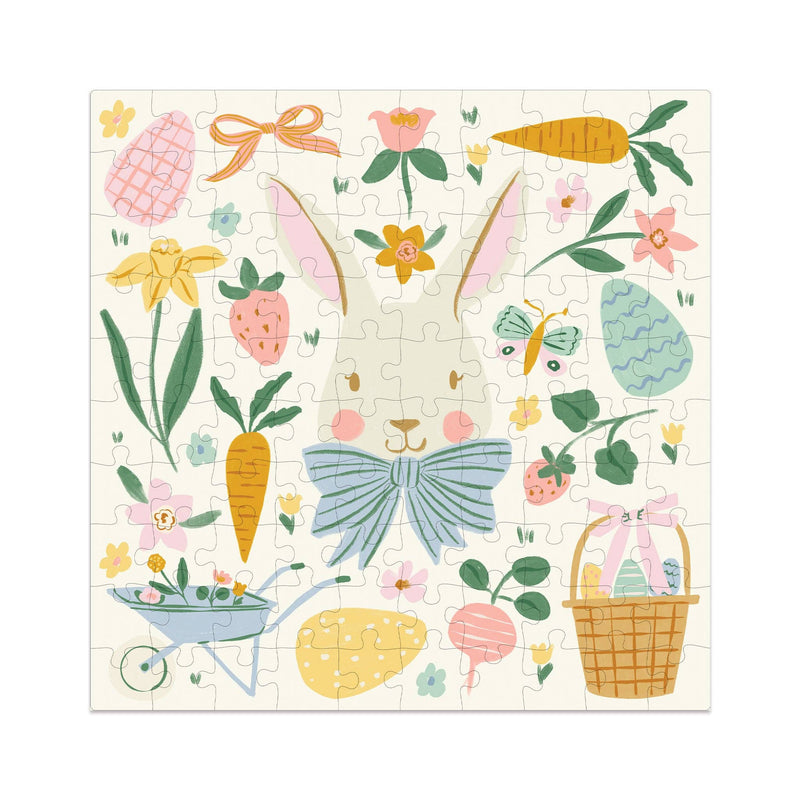 Completed Easter bunny 100-piece puzzle with spring illustrations and pastel colors