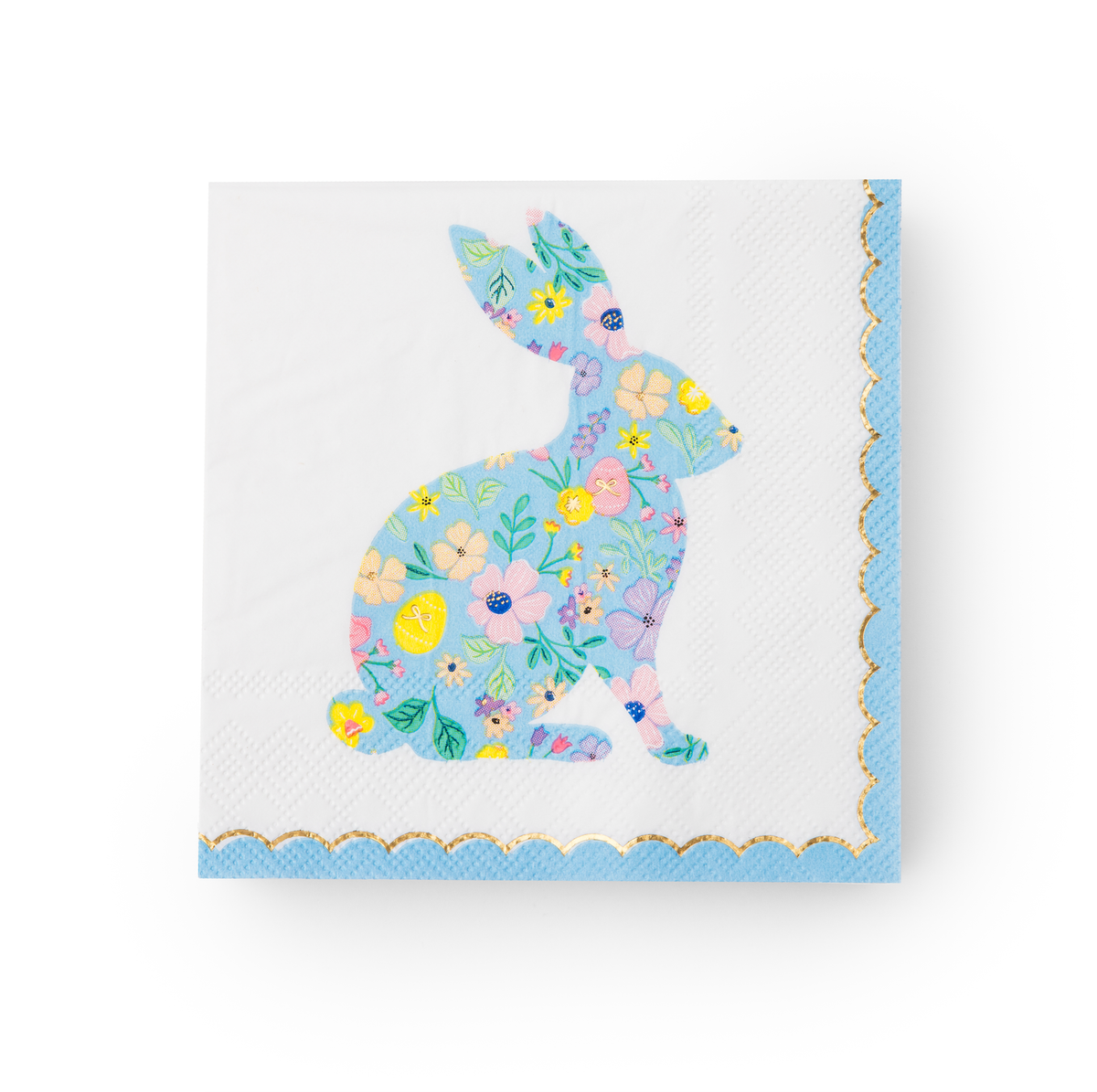 Blue pastel floral bunny cocktail napkin with gold scalloped edges on white background