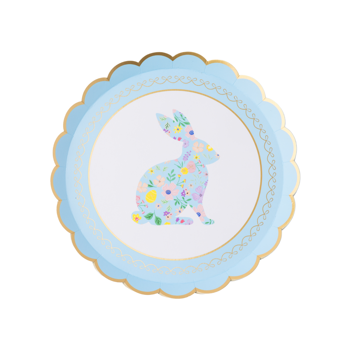 Round pastel blue Easter dessert plate with floral bunny and gold scalloped edge