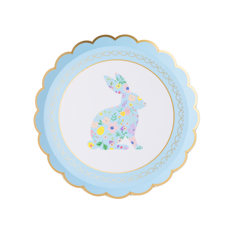 Round pastel blue Easter dessert plate with floral bunny and gold scalloped edge