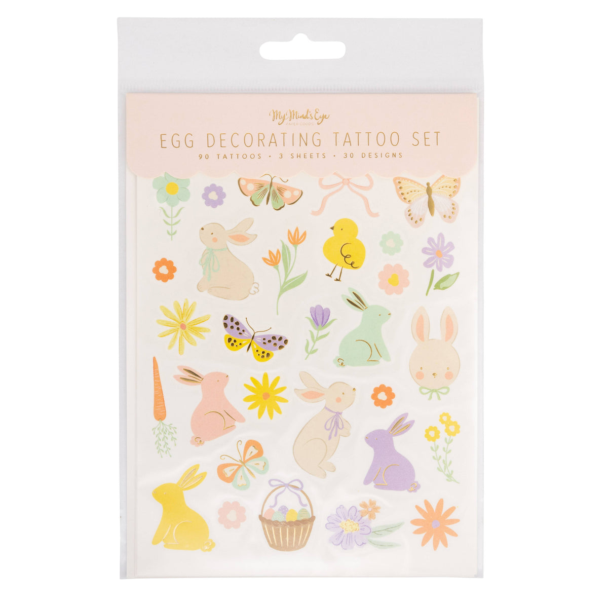 Front view of the My Mind's Eye Egg Decorating Tattoo Set packaging, featuring 90 temporary tattoos with bunnies, birds, and floral designs.