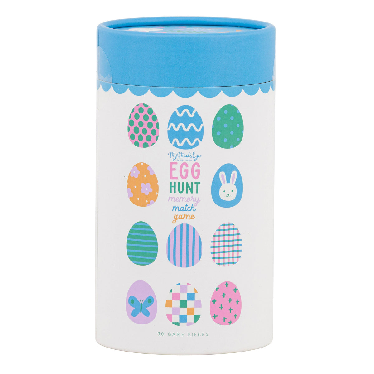 Front view of the cardboard storage tube for the My Mind's Eye Easter egg hunt game featuring colorful egg illustrations and 30 game pieces.