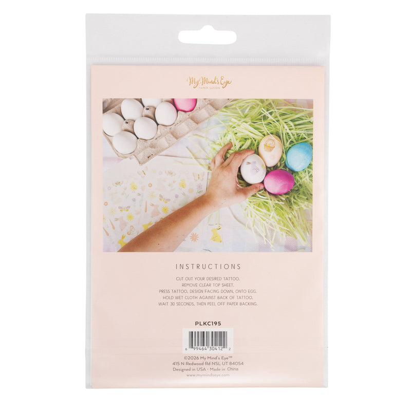 The back of the egg decorating tattoo set packaging showing step-by-step instructions for applying temporary tattoos to Easter eggs.