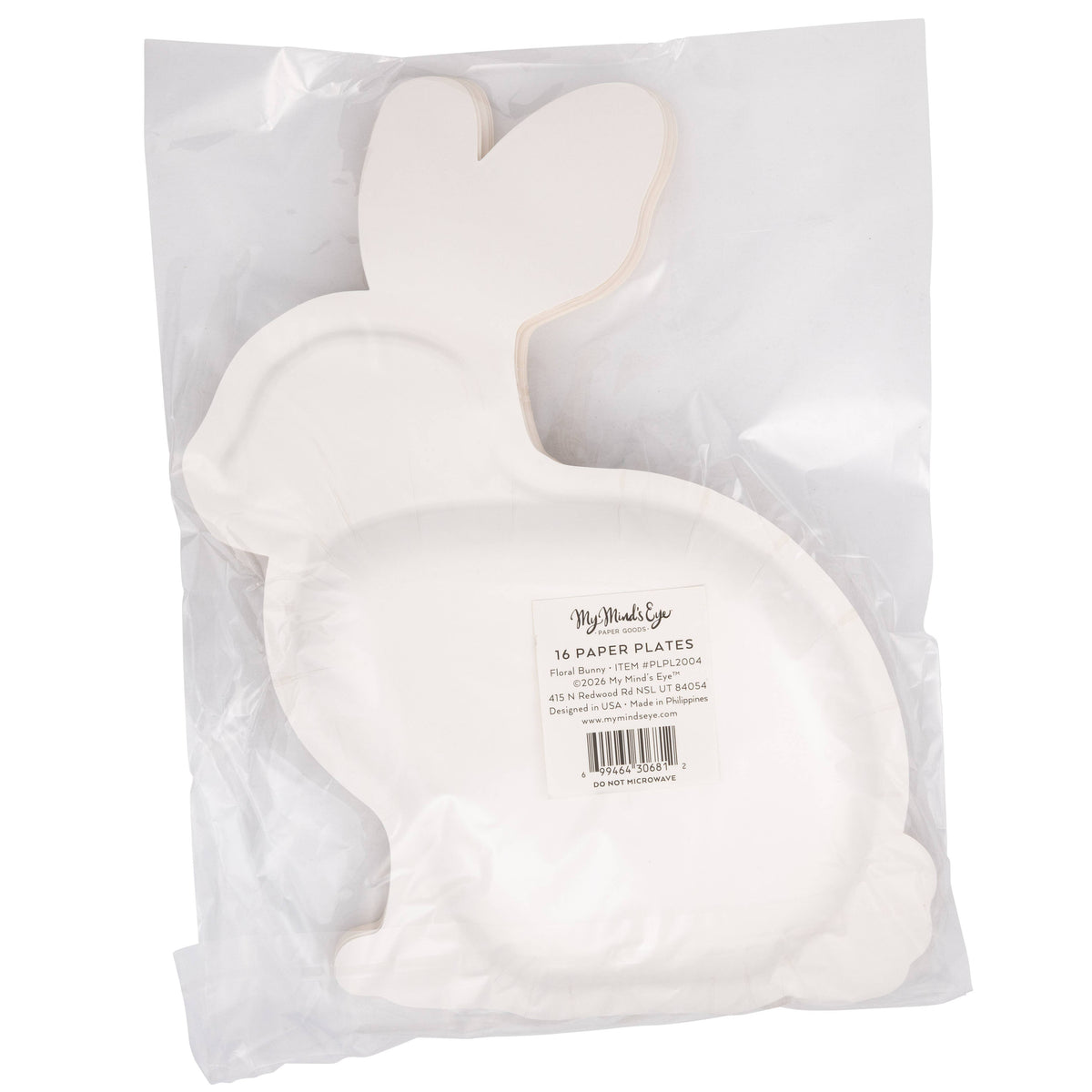 The back of the My Mind's Eye Floral Bunny Shaped Plate packaging showing the 8-count count and product dimensions.