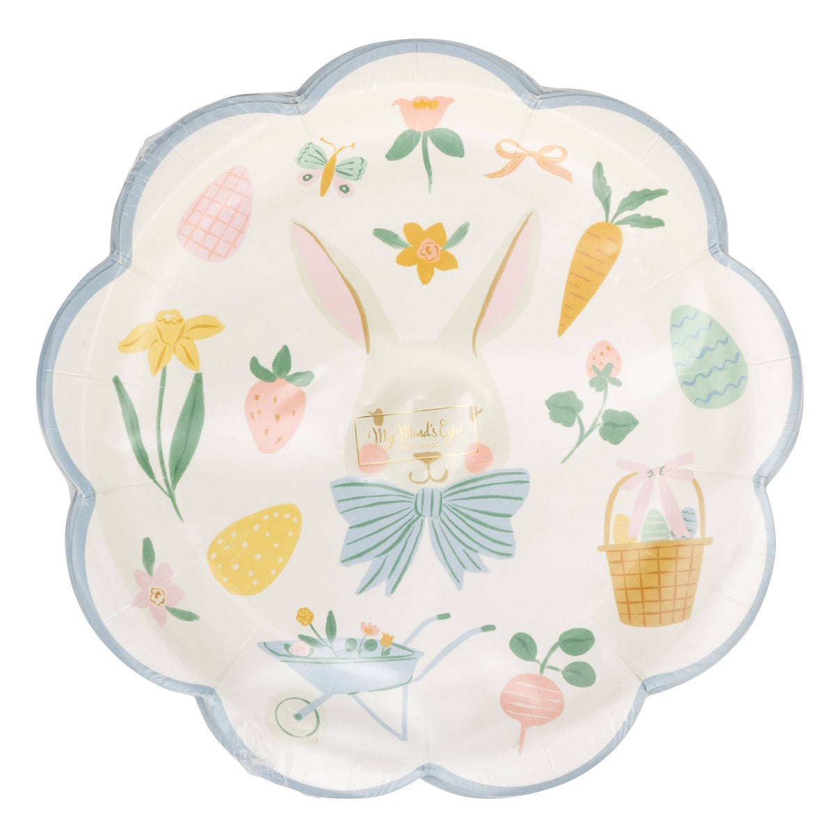 Front view of Easter icons scalloped paper plate packaging