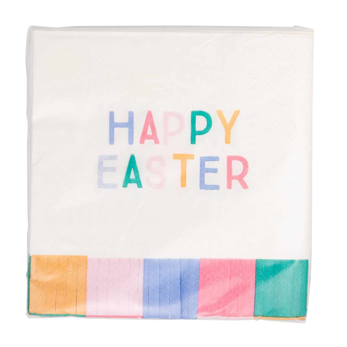 Stack of Happy Easter fringed cocktail napkins with rainbow colors