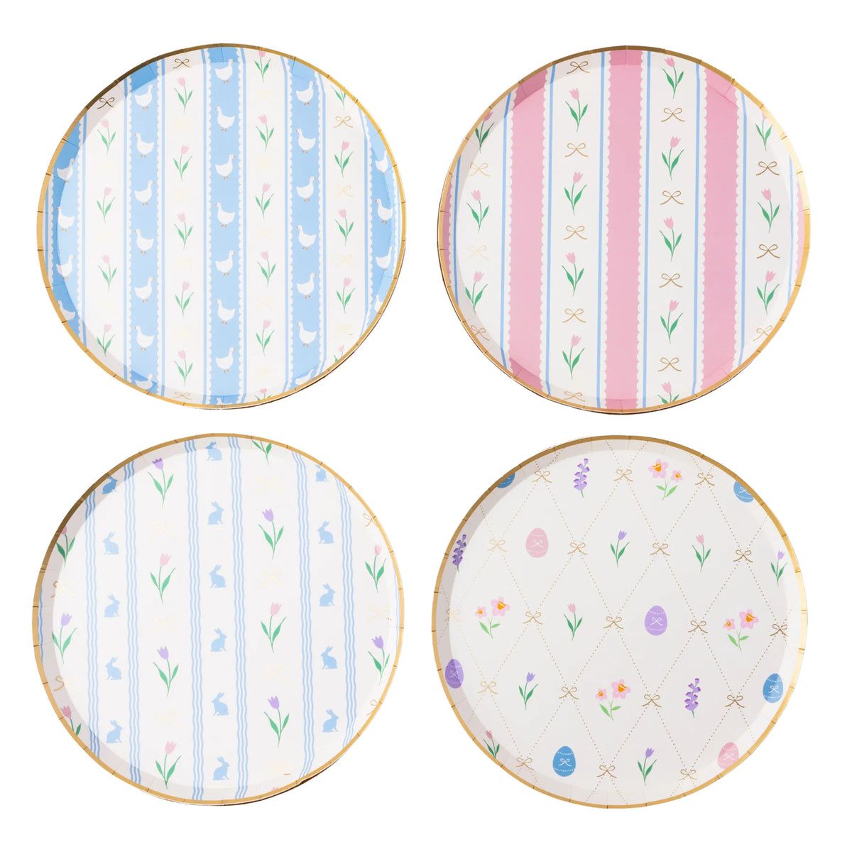All four Easter paper plate designs flat lay — blue goose, pink tulip bow, blue bunny, and cream Easter egg trellis — on white background