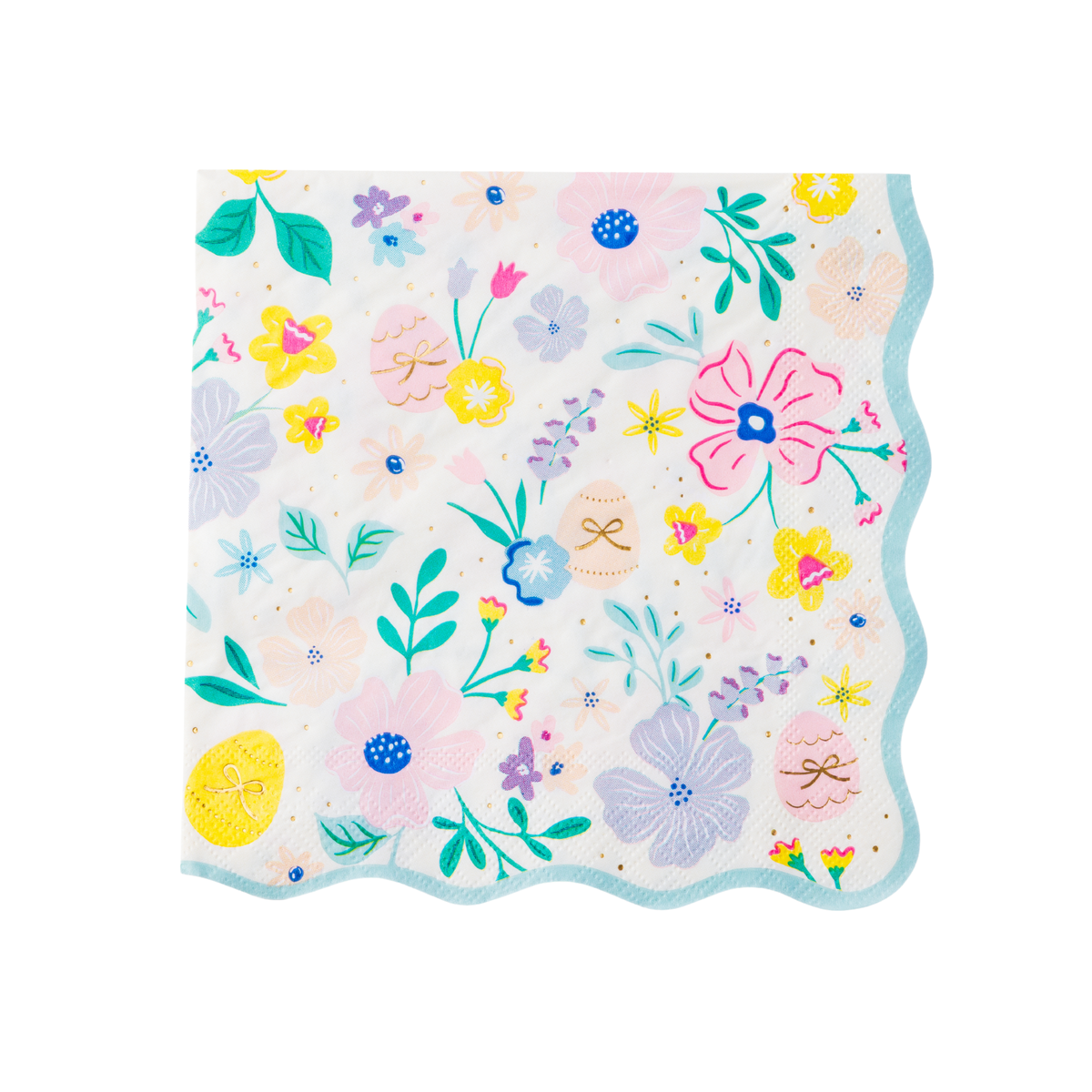 Pastel floral Easter dinner napkin with scalloped blue edge and Easter egg accents