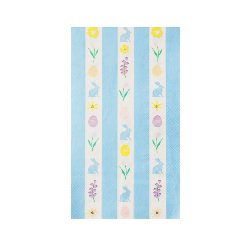 Easter pastel guest towel with blue stripes, flowers, bunnies, and eggs