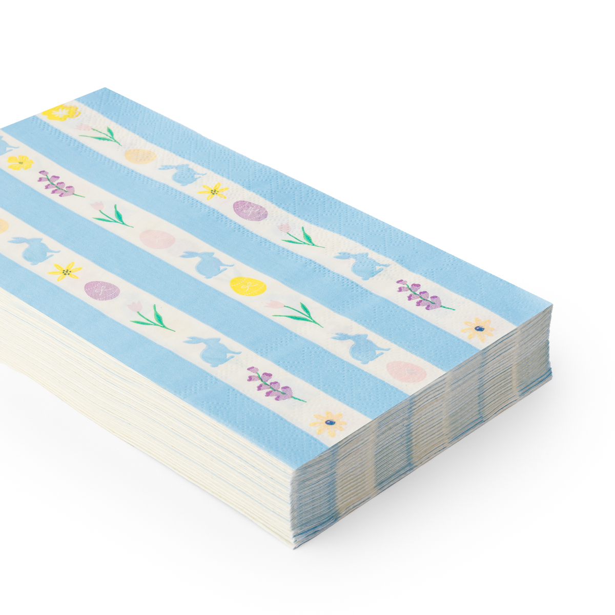 Stack of Easter pastel floral guest towels with sky blue striped design