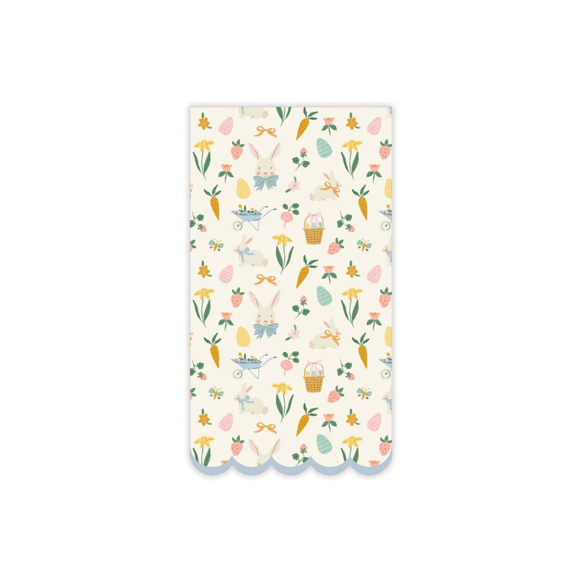Easter pattern dinner napkin with pastel bunnies, florals, carrots, and scalloped edge
