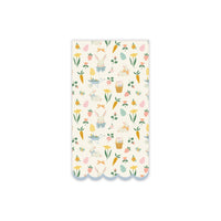 Easter pattern dinner napkin with pastel bunnies, florals, carrots, and scalloped edge