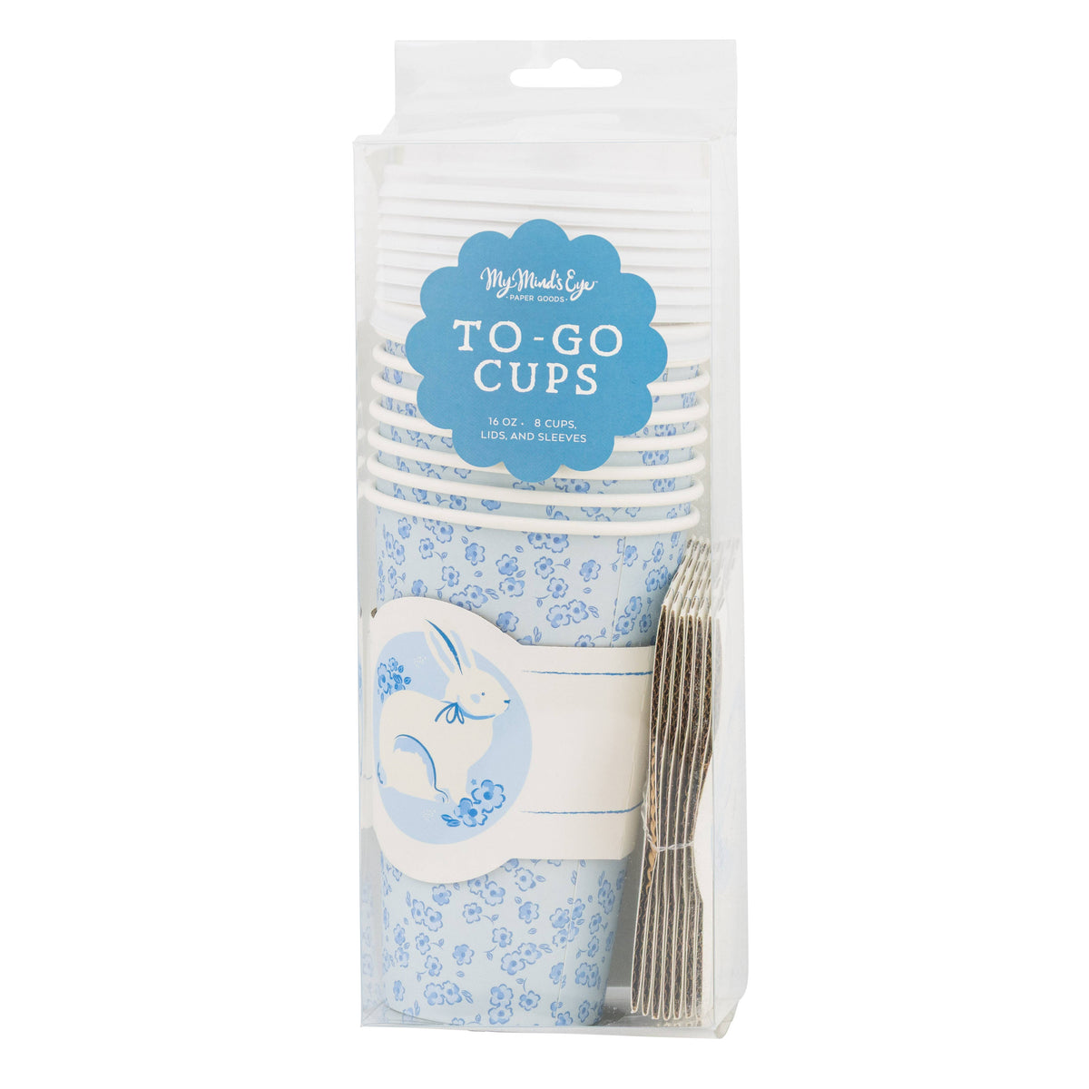 A retail package of 8 blue-and-white floral to-go cups with a decorative bunny rabbit sleeve, part of our collection of spring party supplies.