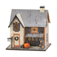 Eastside Elixirs lighted haunted house putz house with glittered roof and “OPEN” sign, 6.5x3x7 inches