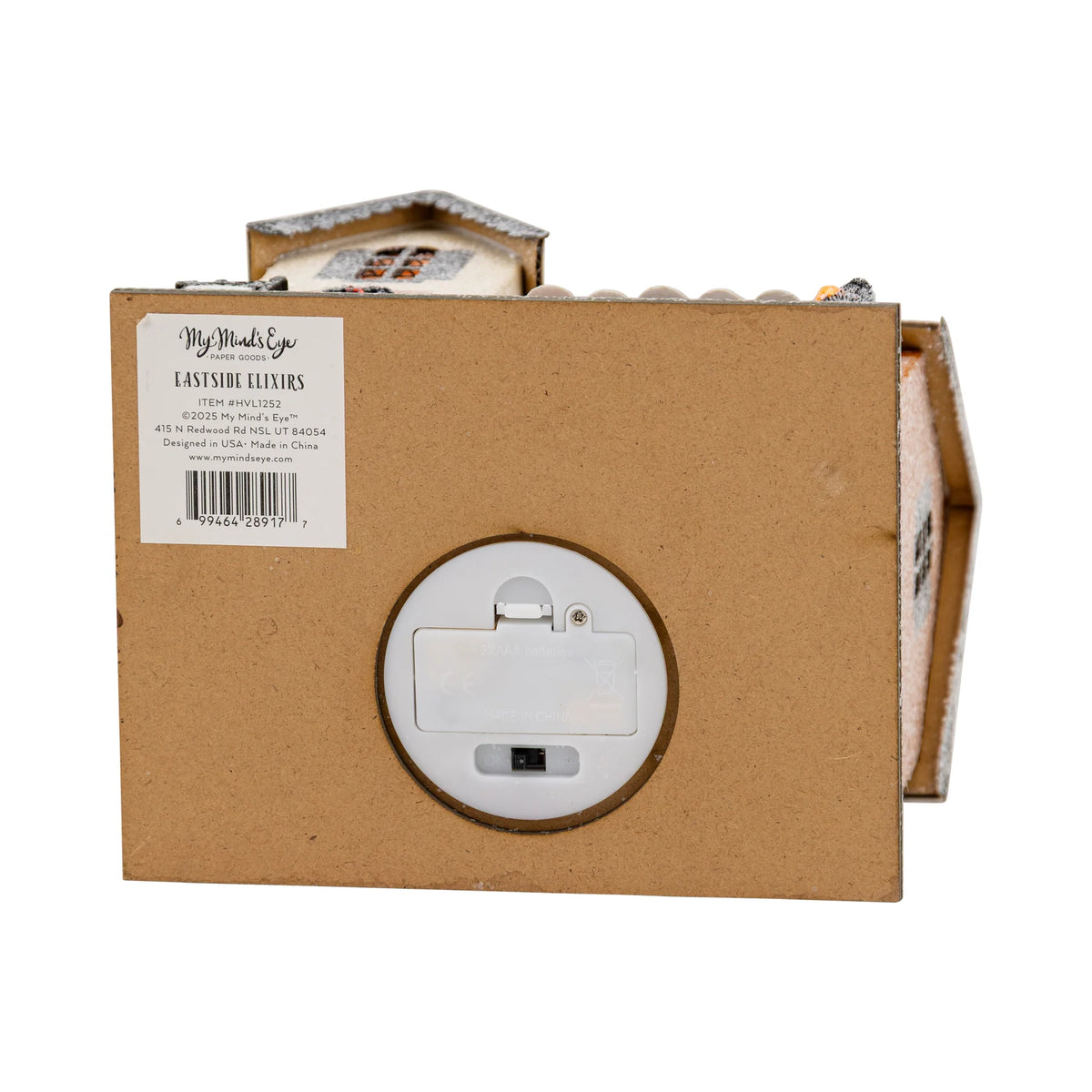 Eastside Elixirs haunted village decor—battery compartment underside (batteries not included)
