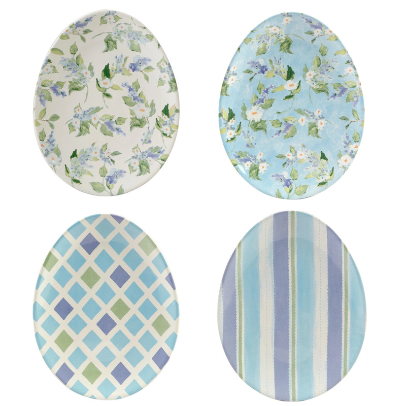 Easter plates shaped like oval eggs with different blue and green designs - perfect for Spring Table