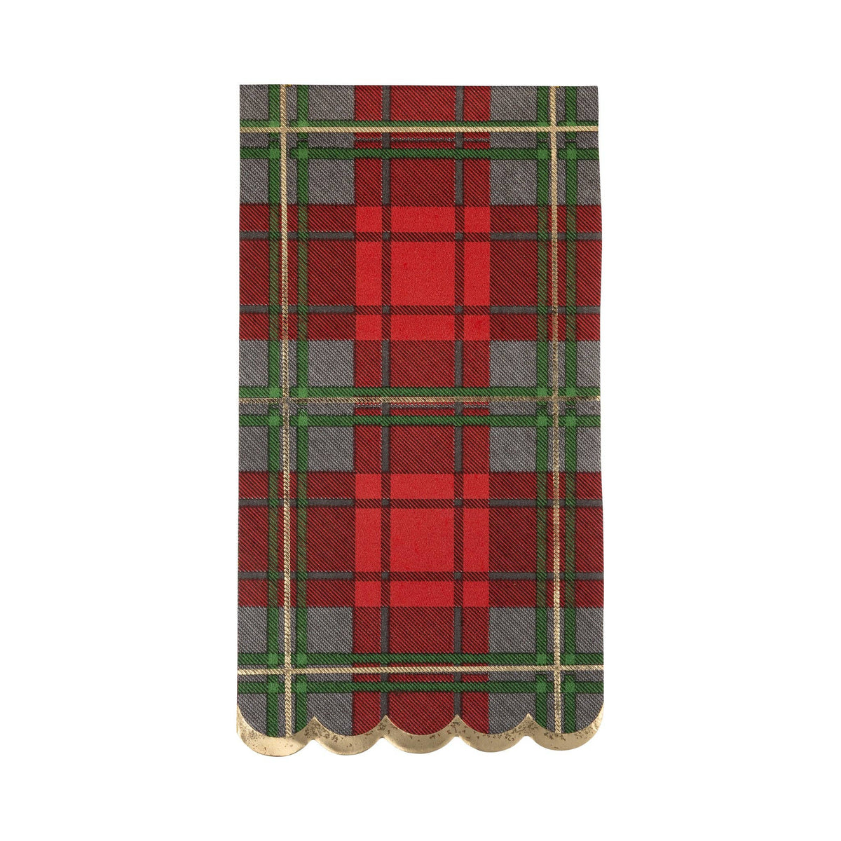 Single red plaid napkin with scalloped gold foil edge, front view
