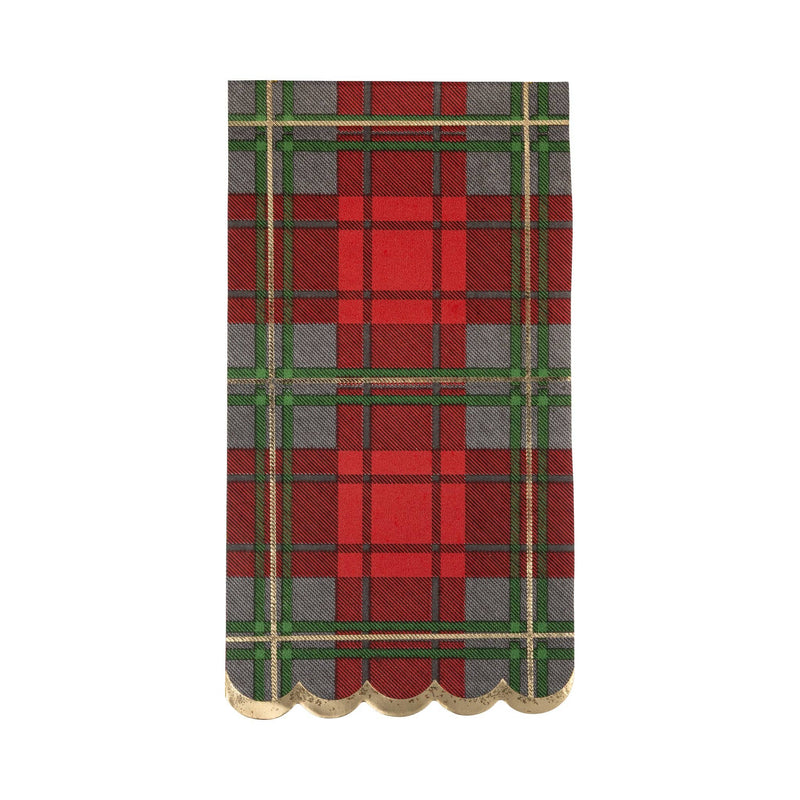 Single red plaid napkin with scalloped gold foil edge, front view