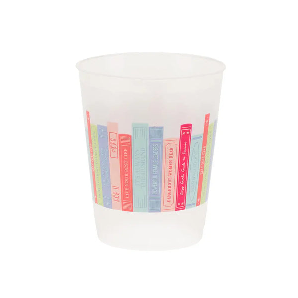 14-oz frosted flex cup featuring colorful book spines wraparound graphic on white backdrop.