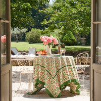 Spring floral tablecloth on an Easter tablescape.