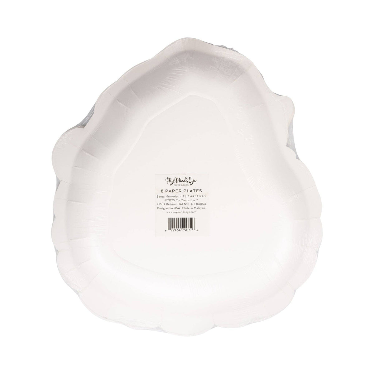 Back view of packaged Retro Santa Paper Plates showing the label and barcode.