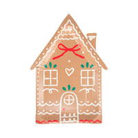 Close-up of Ginger House Plate showing detailed icing, windows, and red bow design.