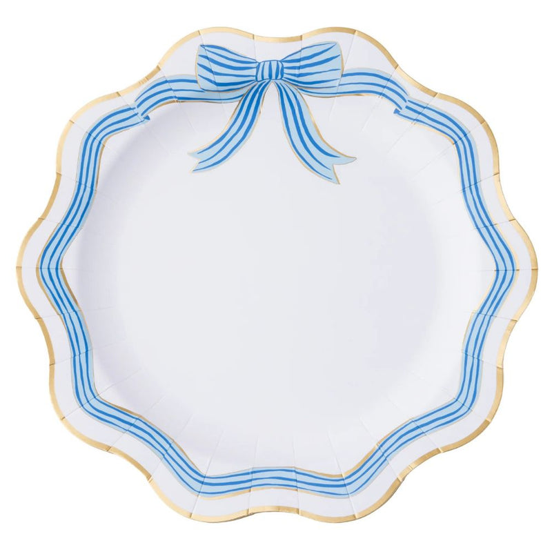 Elegant blue and gold bow dinner plate with scalloped edge