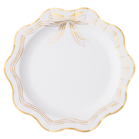 Elegant cream and gold bow dinner plate with scalloped edge