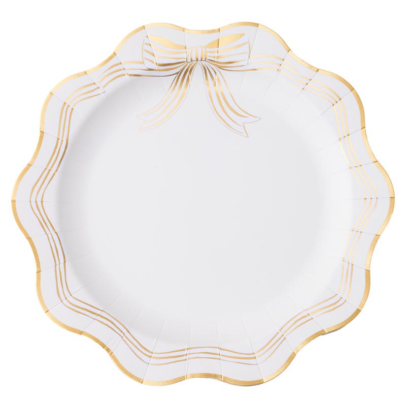 Elegant cream and gold bow dinner plate with scalloped edge